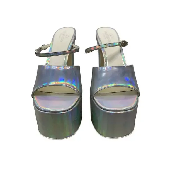 Valentino Garavani Tan-go Iridescent Platform Pumps Block Heels Silver Sz 11